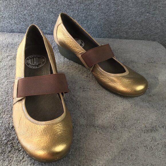 Palladium Leather Slip-on Mary Jane Gold Wedge Sz 7 - Picture 3 of 11